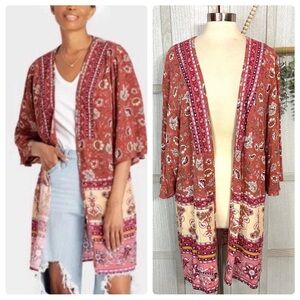 Knox Rose Women's Open-Front Kimono Size XL/XXL Floral Bohemian Shirt Top Hippie